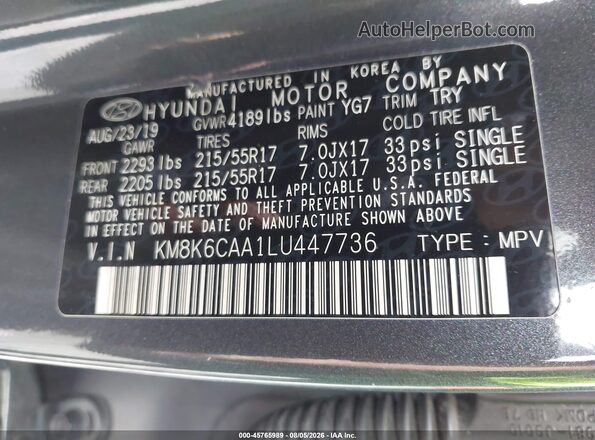 KM8K6CAA1LU447736 2020 HYUNDAI KONA Серый Вид подкапотного пространства