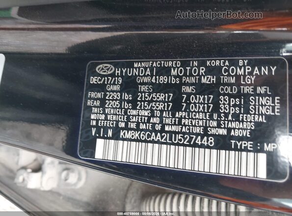 KM8K6CAA2LU527448 2020 HYUNDAI KONA Black Вид підкапотного простору