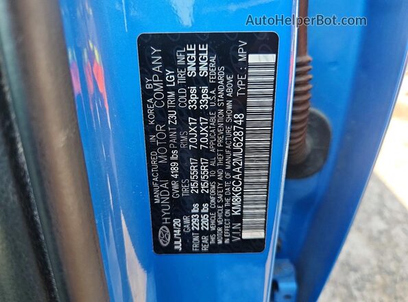 KM8K6CAA2MU628748 2021 HYUNDAI KONA Blue Vista de la etiqueta del VIN
