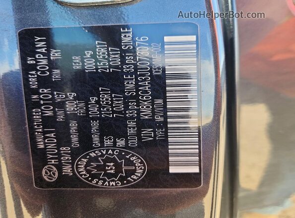 KM8K6CAA3JU073076 2018 HYUNDAI KONA Gray Vista de la etiqueta del VIN