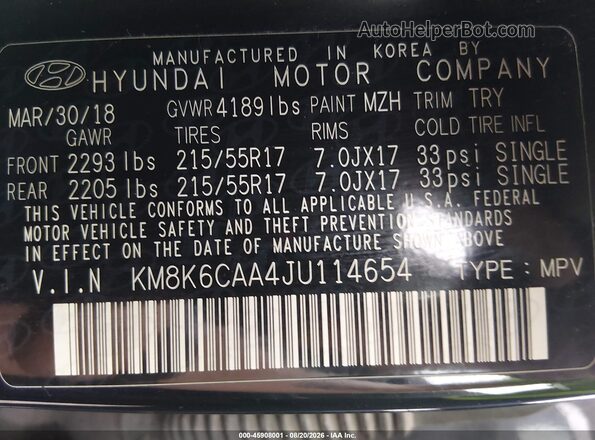 KM8K6CAA4JU114654 2018 HYUNDAI KONA Black Engine compartment view