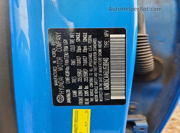 KM8K6CAA6LU538940 2020 HYUNDAI KONA Blue VIN sticker view