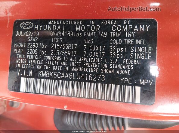 KM8K6CAA8LU416273 2020 HYUNDAI KONA Orange Widok komory silnika