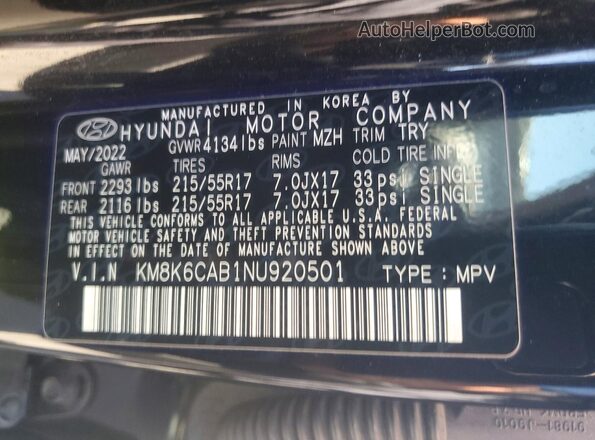 KM8K6CAB1NU920501 2022 HYUNDAI KONA Black VIN კოდის სტიკერის ხედი
