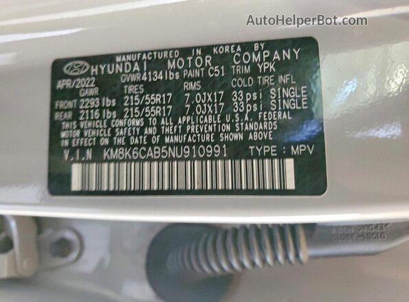 KM8K6CAB5NU910991 2022 HYUNDAI KONA Gray Vista de la etiqueta del VIN
