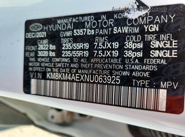 KM8KM4AEXNU063925 2022 HYUNDAI IONIQ White Widok wnętrza 360 stopni
