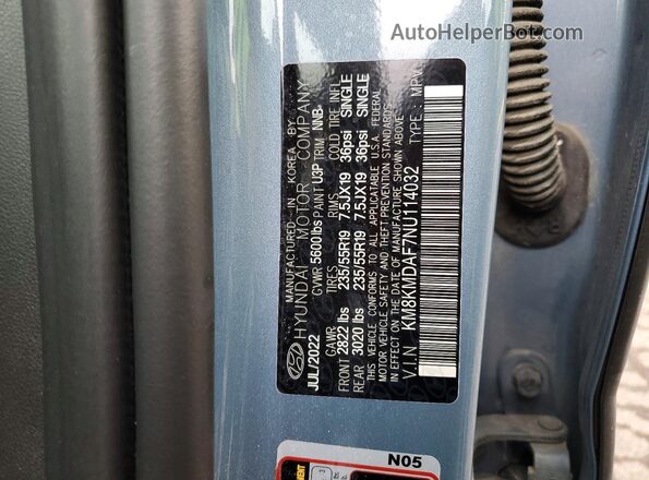 KM8KMDAF7NU114032 2022 HYUNDAI IONIQ Blue VIN კოდის სტიკერის ხედი