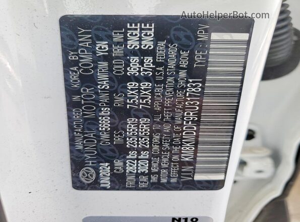 KM8KMDDF9RU317831 2024 HYUNDAI IONIQ White Vista de la etiqueta del VIN