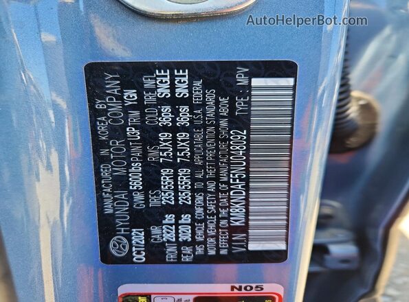 KM8KNDAF5NU048092 2022 HYUNDAI IONIQ Blue Widok wnętrza 360 stopni
