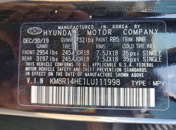 KM8R14HE1LU111998 2020 HYUNDAI PALISADE Black VIN sticker view