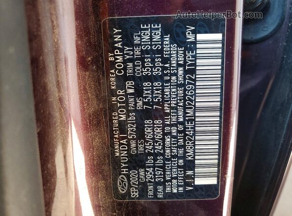 KM8R24HE1MU226972 2021 HYUNDAI PALISADE Maroon Engine compartment view