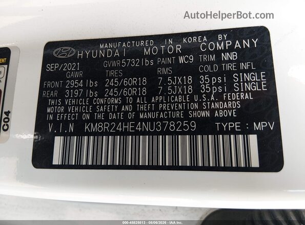 KM8R24HE4NU378259 2022 HYUNDAI PALISADE White Vista del compartimento del motor