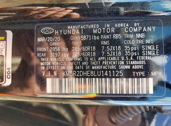 KM8R2DHE8LU141125 2020 HYUNDAI PALISADE Black VIN կոդի պիտակի տեսք