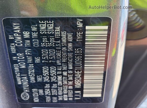 KM8R34HE1LU096185 2020 HYUNDAI PALISADE Серый Вид наклейки с VIN-кодом
