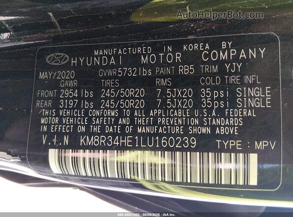 KM8R34HE1LU160239 2020 HYUNDAI PALISADE Black Widok komory silnika