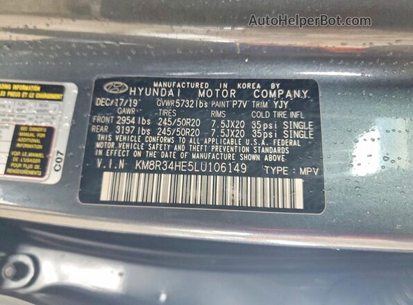 KM8R34HE5LU106149 2020 HYUNDAI PALISADE Gray Вид наклейки з VIN-кодом