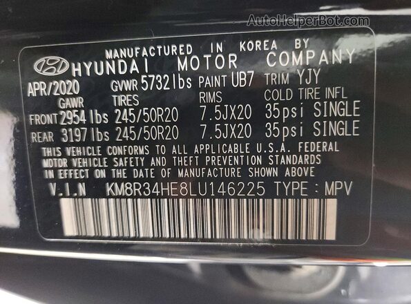 KM8R34HE8LU146225 2020 HYUNDAI PALISADE Blue VIN sticker view