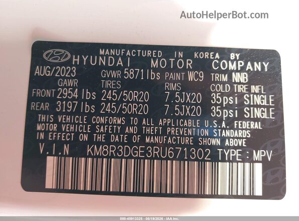 KM8R3DGE3RU671302 2024 HYUNDAI PALISADE White Շարժիչի բաժամունքի տեսք