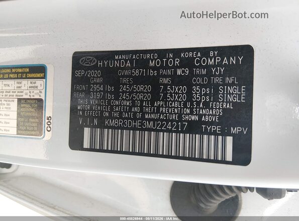 KM8R3DHE3MU224217 2021 HYUNDAI PALISADE White Вид підкапотного простору