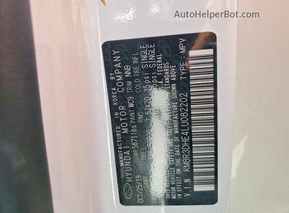 KM8R3DHE4LU082202 2020 HYUNDAI PALISADE White VIN կոդի պիտակի տեսք