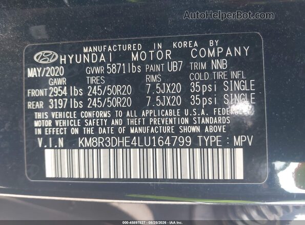 KM8R3DHE4LU164799 2020 HYUNDAI PALISADE Black Շարժիչի բաժամունքի տեսք