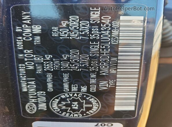 KM8R3DHE5LU043540 2020 HYUNDAI PALISADE Blue Widok naklejki z numerem VIN