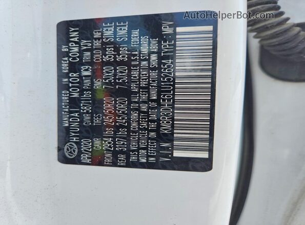 KM8R3DHE6LU152654 2020 HYUNDAI PALISADE White VIN კოდის სტიკერის ხედი
