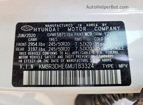KM8R3DHE6MU183324 2021 HYUNDAI PALISADE White Вид наклейки з VIN-кодом