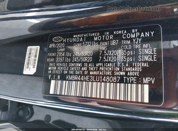 KM8R44HE3LU148087 2020 HYUNDAI PALISADE Black Widok komory silnika