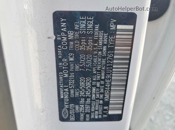 KM8R44HE9LU112761 2020 HYUNDAI PALISADE White Vista de la etiqueta del VIN