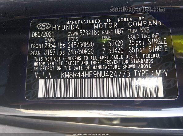 KM8R44HE9NU424775 2022 HYUNDAI PALISADE Black Вид підкапотного простору