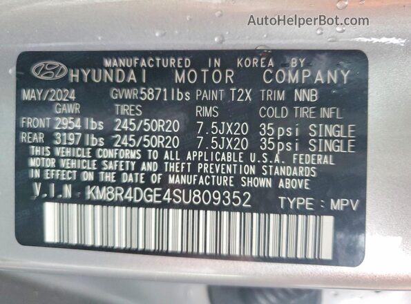 KM8R4DGE4SU809352 2025 HYUNDAI PALISADE Gray Вид наклейки з VIN-кодом