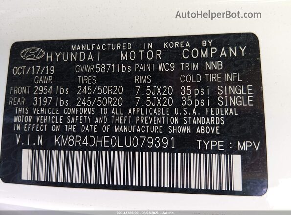 KM8R4DHE0LU079391 2020 HYUNDAI PALISADE White Widok komory silnika