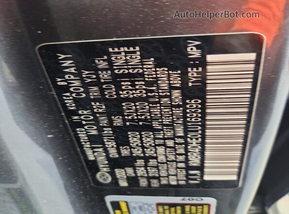 KM8R4DHE0LU169396 2020 HYUNDAI PALISADE Gray VIN კოდის სტიკერის ხედი