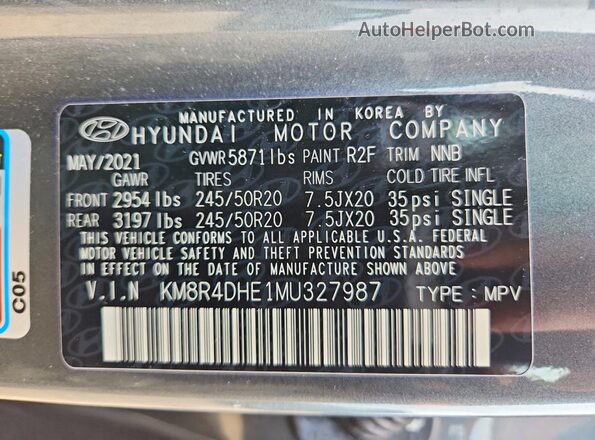 KM8R4DHE1MU327987 2021 HYUNDAI PALISADE Gray სალონის 360-გრადუსიანი ხედი