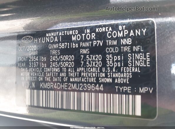 KM8R4DHE2MU239644 2021 HYUNDAI PALISADE Gray Vista del compartimento del motor