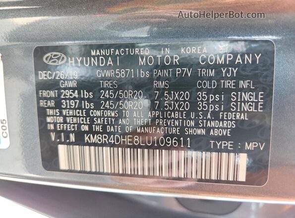 KM8R4DHE8LU109611 2020 HYUNDAI PALISADE Teal Вид наклейки з VIN-кодом