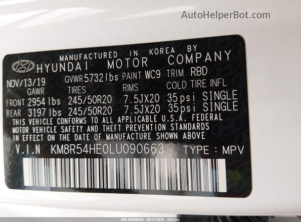 KM8R54HE0LU090663 2020 HYUNDAI PALISADE White Engine compartment view