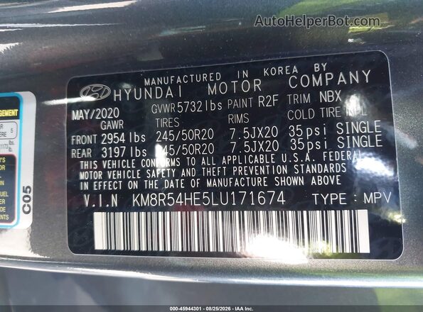 KM8R54HE5LU171674 2020 HYUNDAI PALISADE Gray Widok komory silnika
