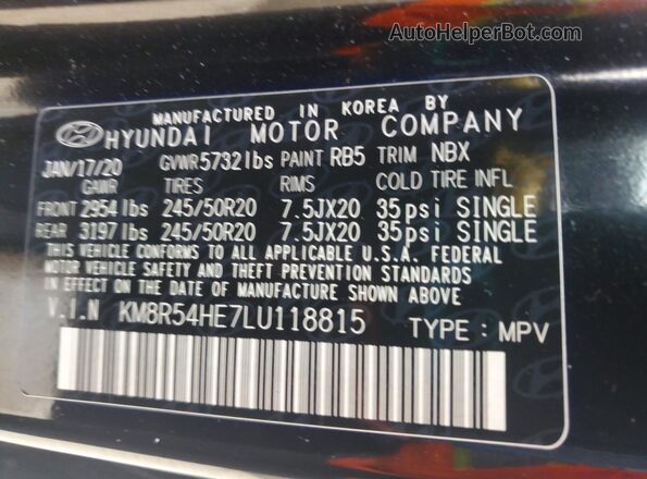 KM8R54HE7LU118815 2020 HYUNDAI PALISADE Black Vista de la etiqueta del VIN