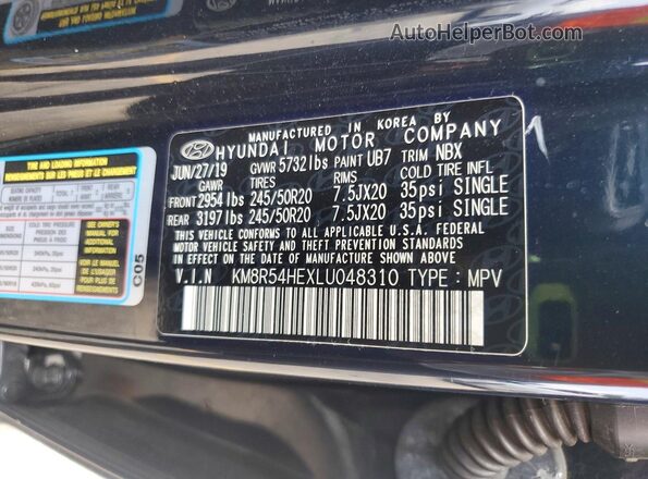 KM8R54HEXLU048310 2020 HYUNDAI PALISADE Black VIN կոդի պիտակի տեսք