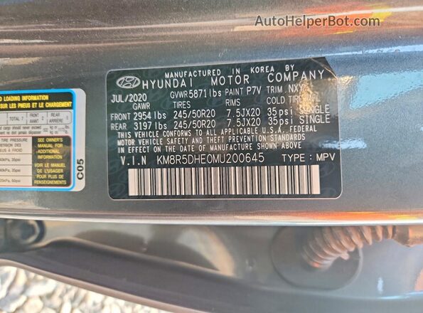 KM8R5DHE0MU200645 2021 HYUNDAI PALISADE Gray VIN sticker view