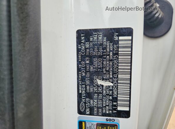 KM8R5DHE4LU090875 2020 HYUNDAI PALISADE White VIN კოდის სტიკერის ხედი
