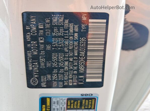 KM8R5DHE4MU316396 2021 HYUNDAI PALISADE White Вид наклейки з VIN-кодом