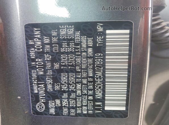 KM8R5DHE5MU278919 2021 HYUNDAI PALISADE Charcoal Vista de la etiqueta del VIN