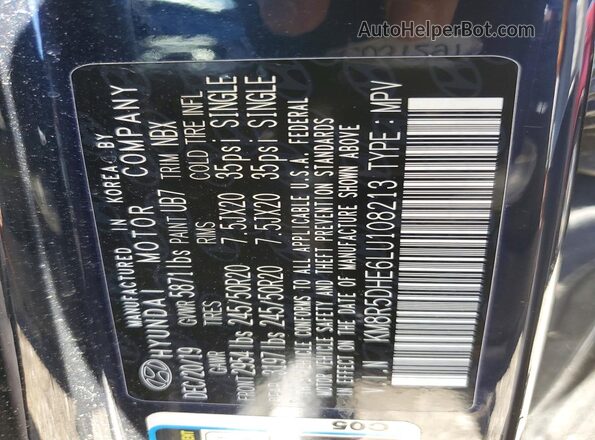 KM8R5DHE6LU108213 2020 HYUNDAI PALISADE Black VIN կոդի պիտակի տեսք