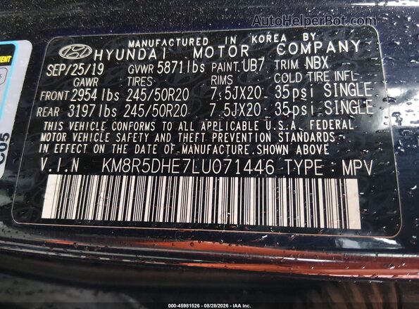 KM8R5DHE7LU071446 2020 HYUNDAI PALISADE Black Widok komory silnika
