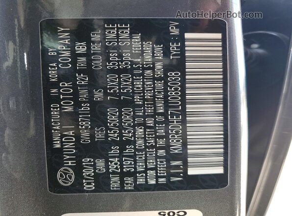 KM8R5DHE7LU085038 2020 HYUNDAI PALISADE Gray Панорамний вид салону 360°