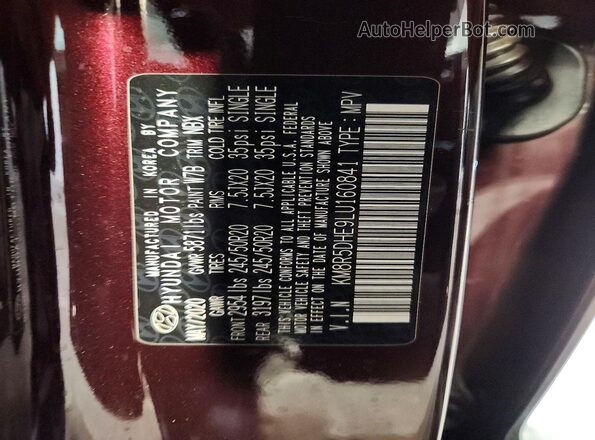 KM8R5DHE9LU160841 2020 HYUNDAI PALISADE Burgundy VIN sticker view