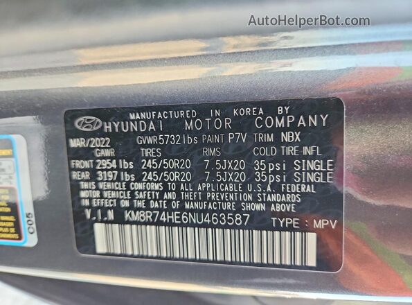 KM8R74HE6NU463587 2022 HYUNDAI PALISADE Gray VIN კოდის სტიკერის ხედი